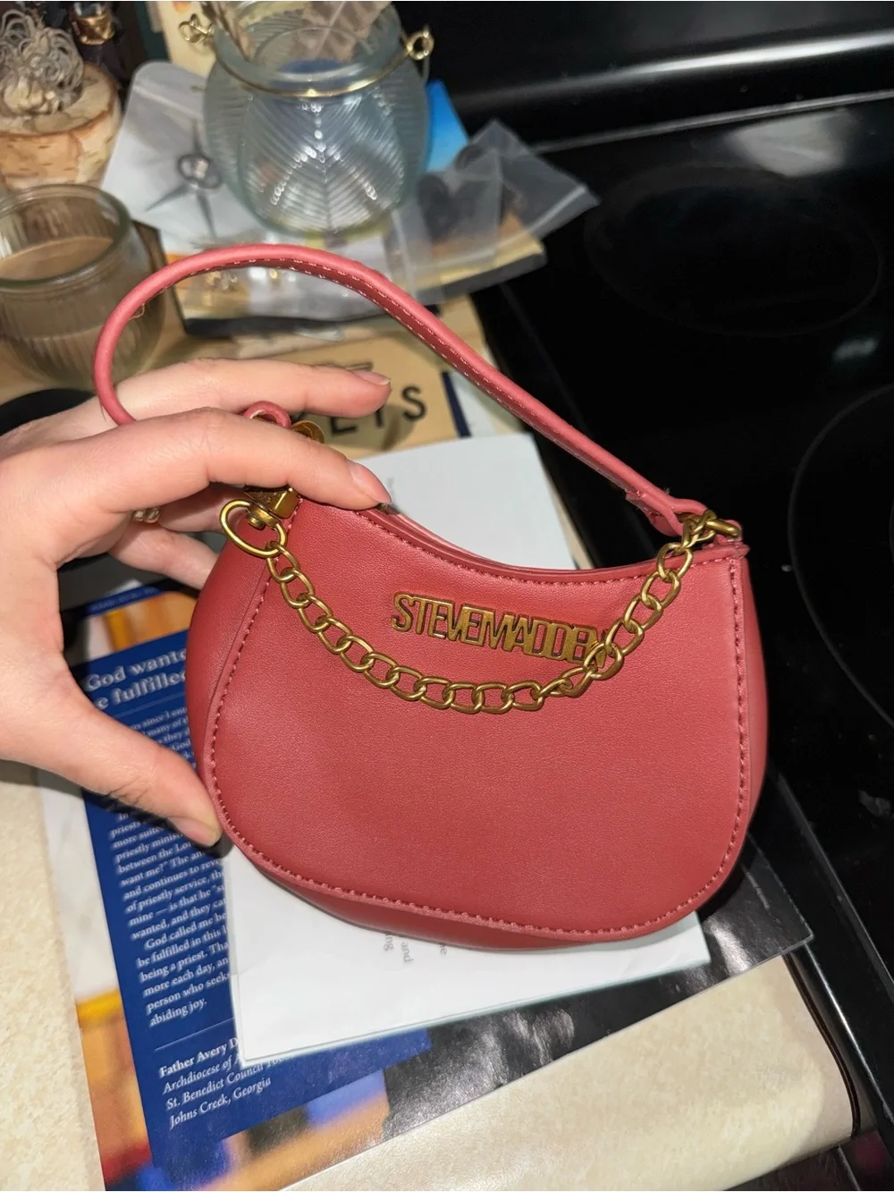 Steve Madden Rose Red Mini Bag with Gold Chain - Picture 6 of 7